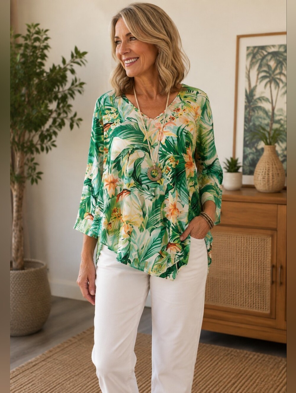 Chico's Green and Orange Floral Blouse
